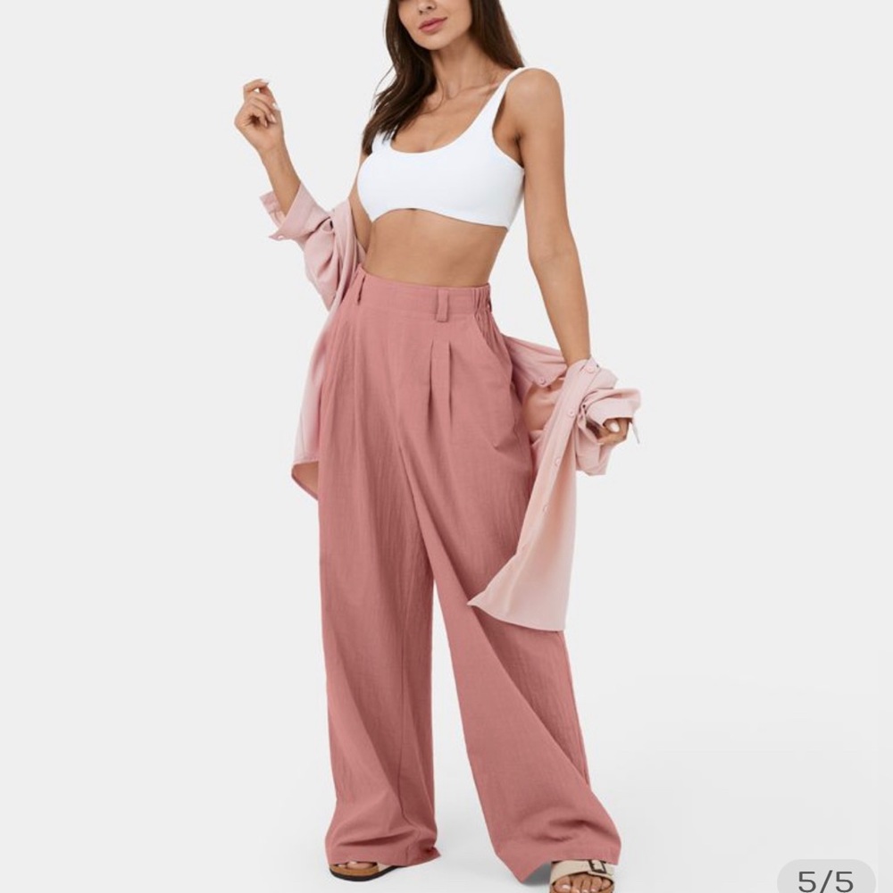Halara High Waisted Side Pocket Wide Leg Solid Palazzo Casual Cotton Pants - Picture 2 of 9
